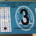 Area 3 parking permit sticker in Baltimore, Maryland
