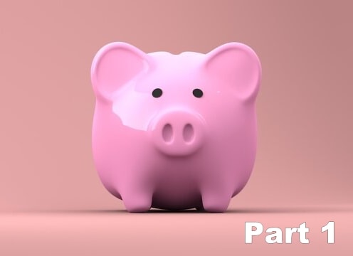 Pink piggy bank facing forward with words "Part 1"