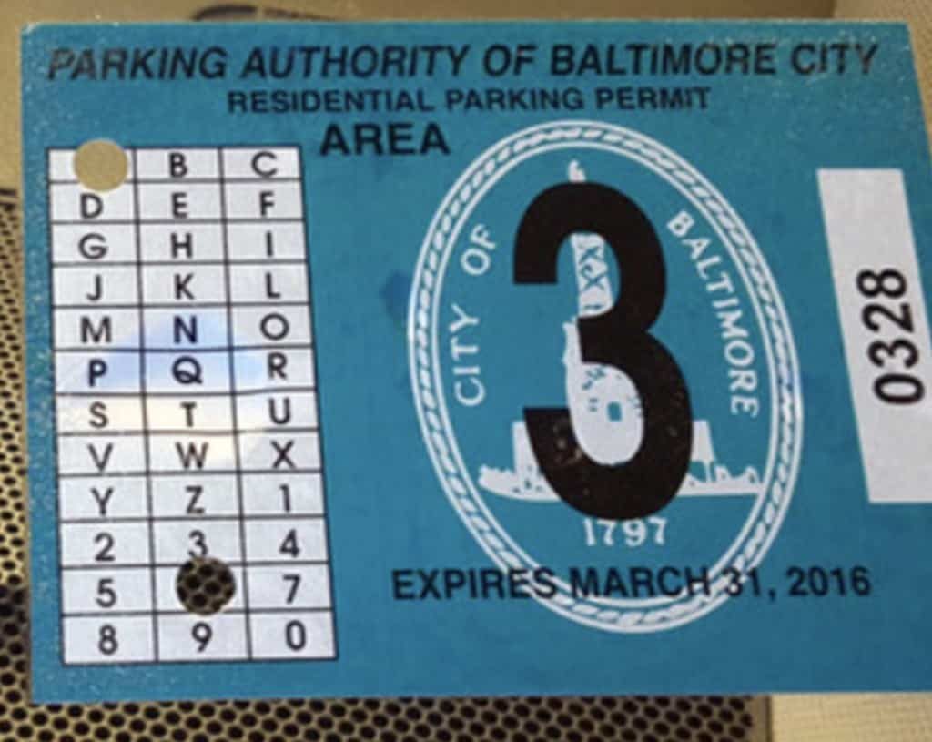 Area 3 parking permit sticker in Baltimore, Maryland